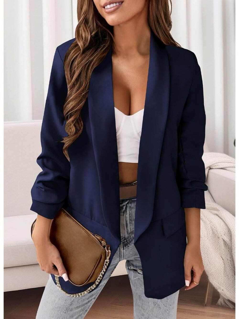 Women's Dark Blue Comfy Fabric Blazer Jacket Business Casual Open Front Suits - Picture 3 of 5